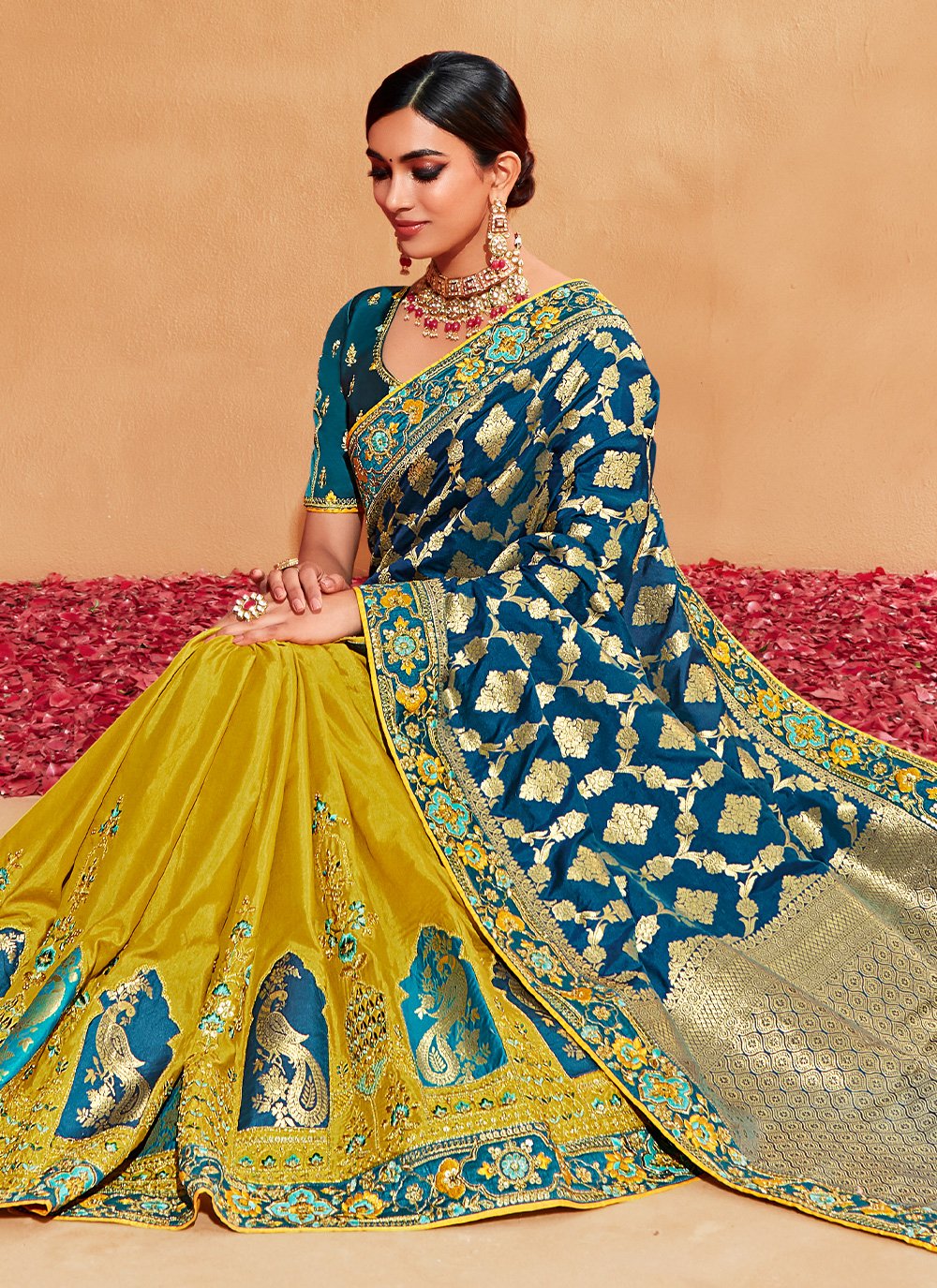 Trendy Saree Silk Mustard Teal Patch Border Saree