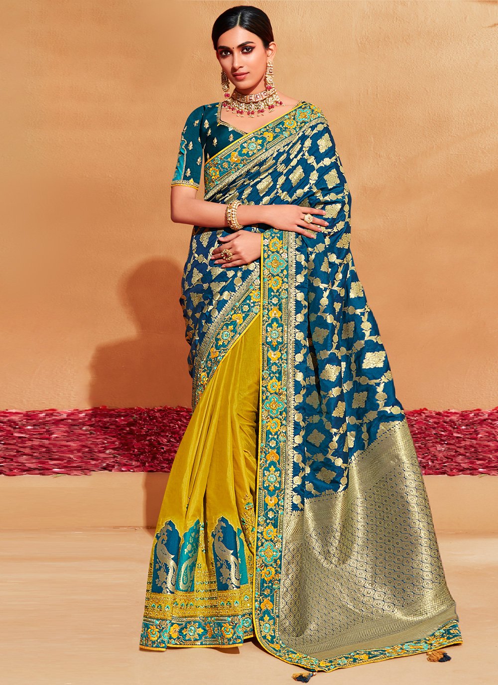 Trendy Saree Silk Mustard Teal Patch Border Saree