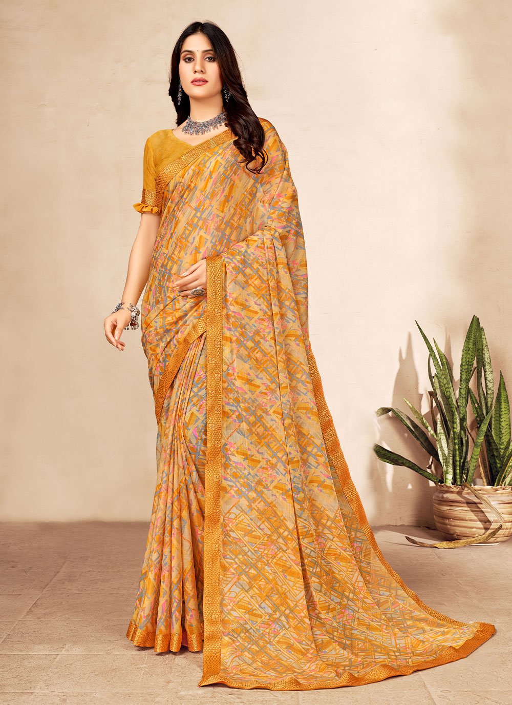 Classic Chiffon Mustard Patch Border Saree