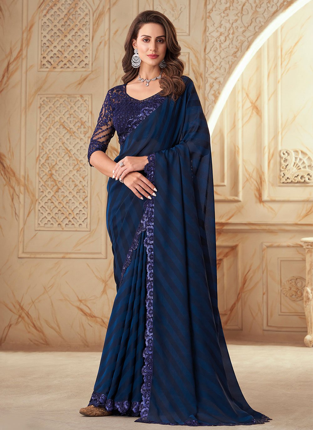 Contemporary Silk Blue Embroidered Saree