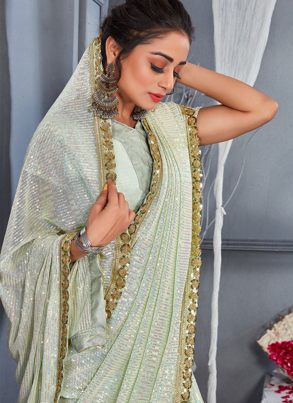 Contemporary Net Sea Green Embroidered Saree