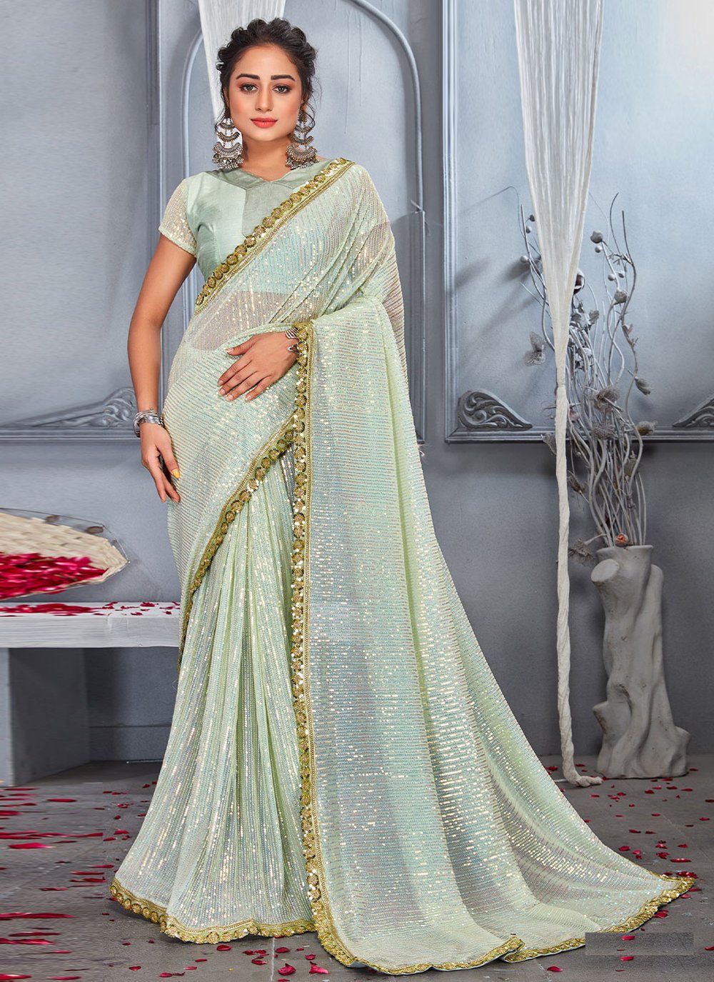 Contemporary Net Sea Green Embroidered Saree