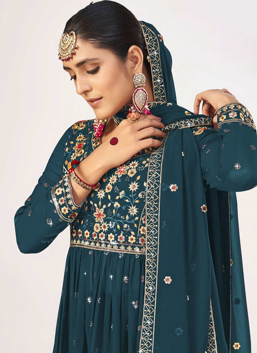 Palazzo Salwar Suit Georgette Teal Embroidered Salwar Kameez