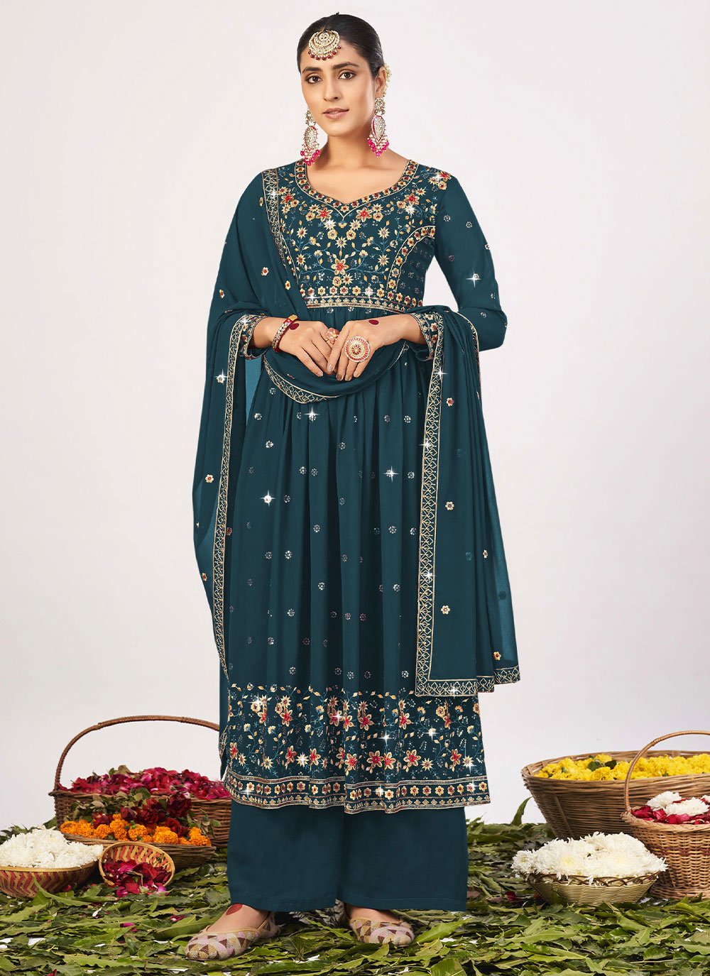 Palazzo Salwar Suit Georgette Teal Embroidered Salwar Kameez