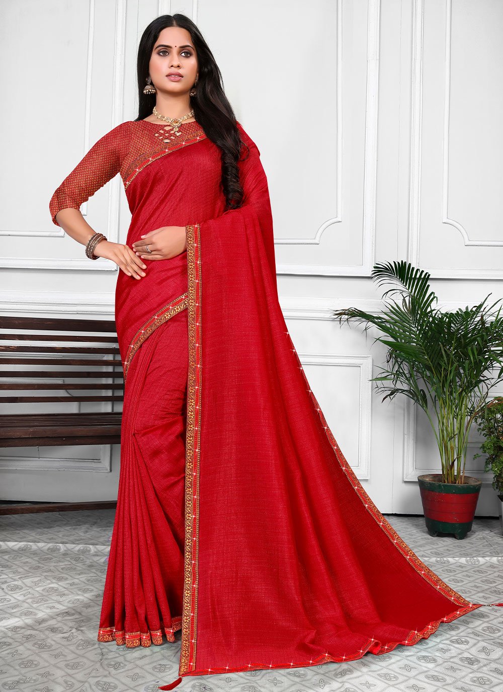 Trendy Saree Vichitra Silk Red Patch Border Saree