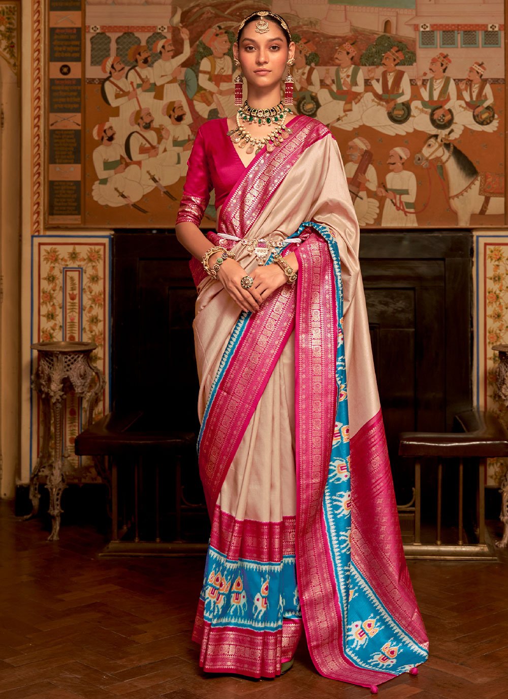 Trendy Saree Patola Silk Cream Patch Border Saree