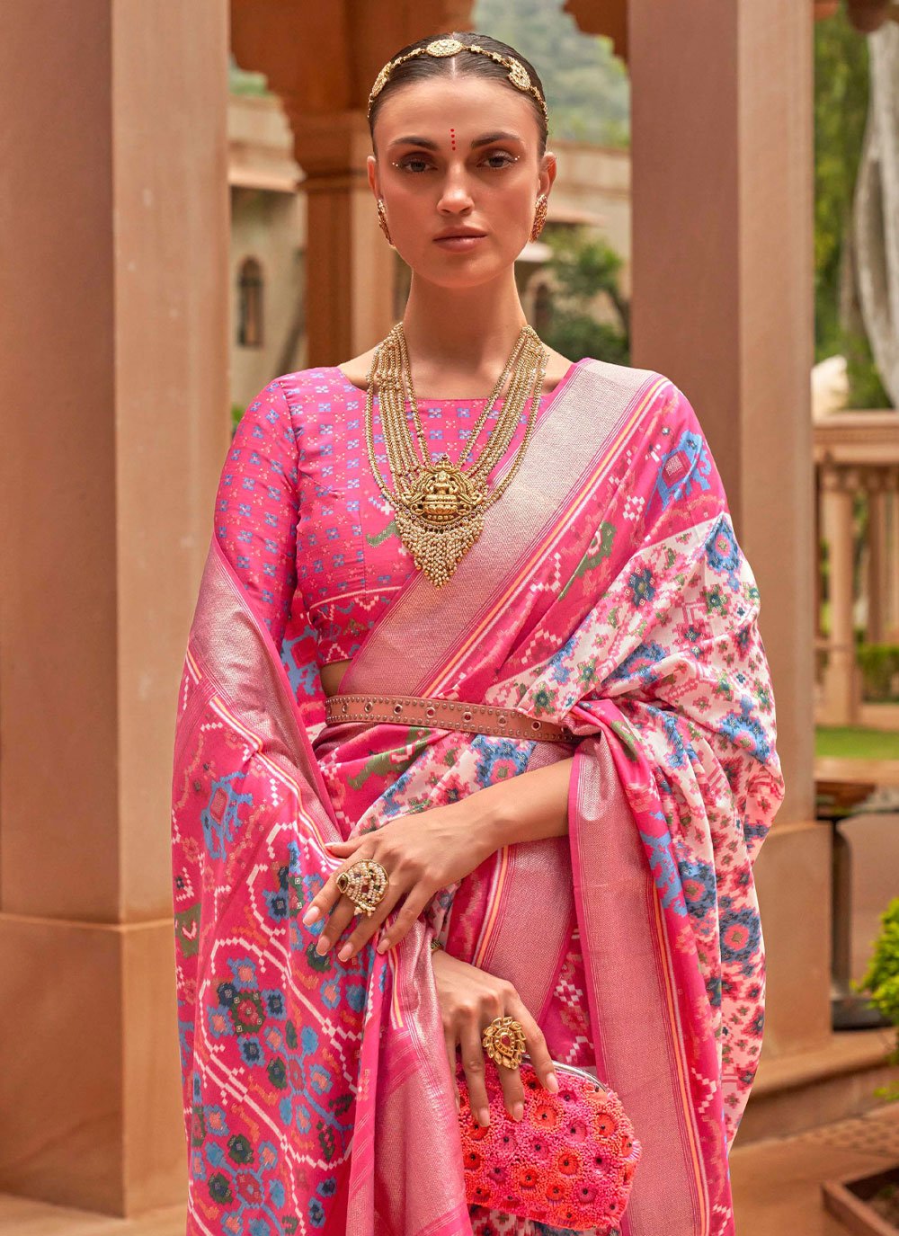 Traditional Saree Patola Silk Pink White Patch Border Saree