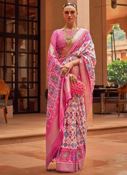 Traditional Saree Patola Silk Pink White Patch Border Saree