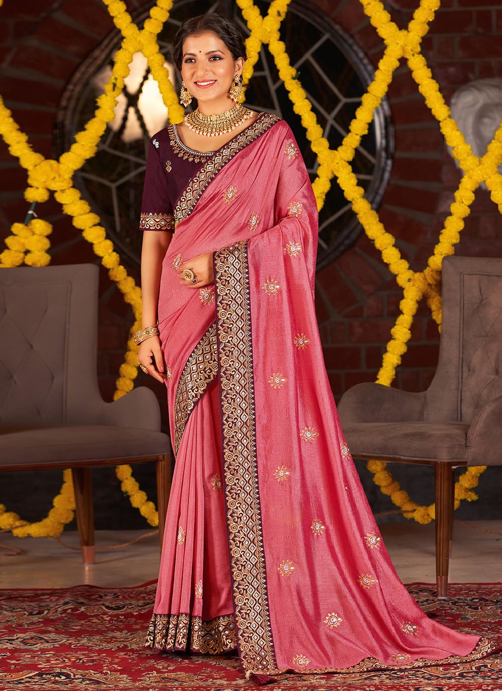 Classic Vichitra Silk Peach Embroidered Saree