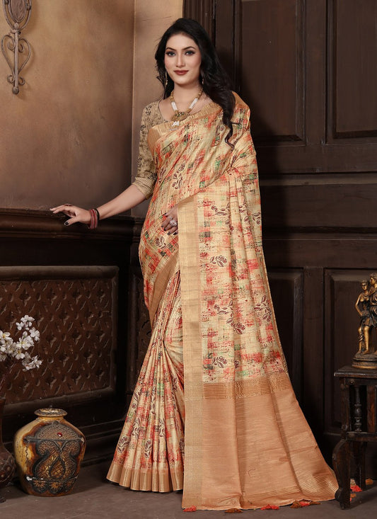 Contemporary Silk Peach Digital Print Saree