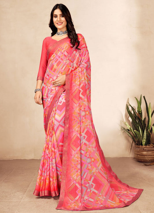 Classic Chiffon Pink Patch Border Saree