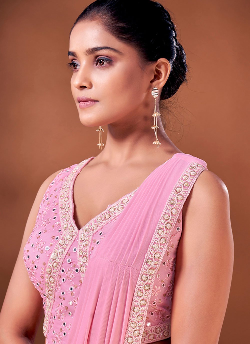 Contemporary Net Pink Patch Border Saree