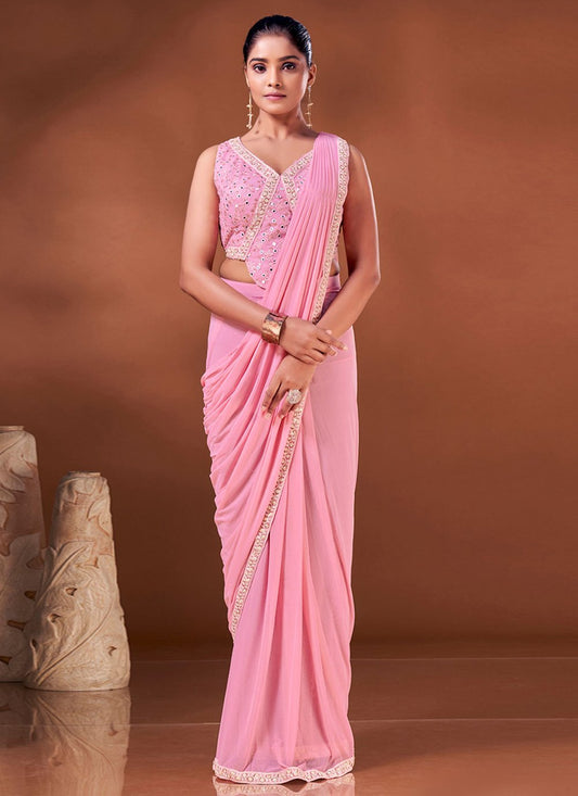 Contemporary Net Pink Patch Border Saree