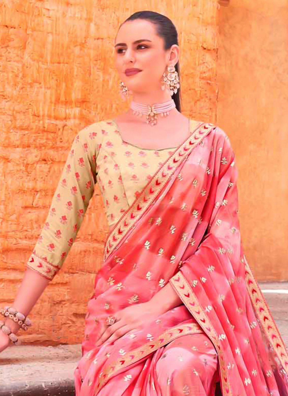 Contemporary Chiffon Pink Fancy Work Saree