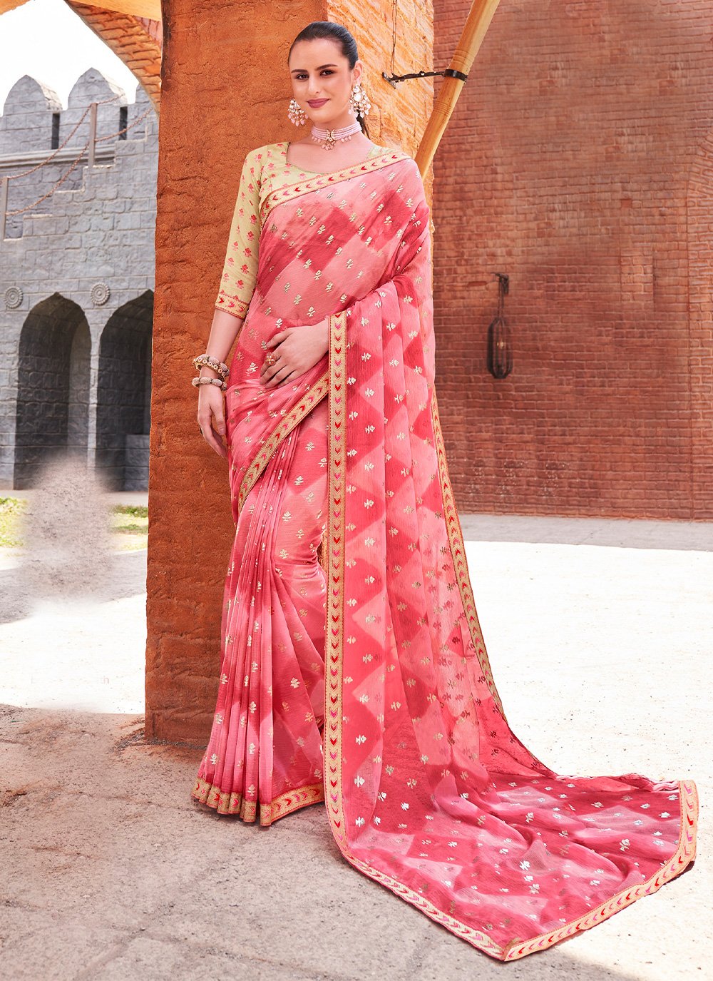 Contemporary Chiffon Pink Fancy Work Saree