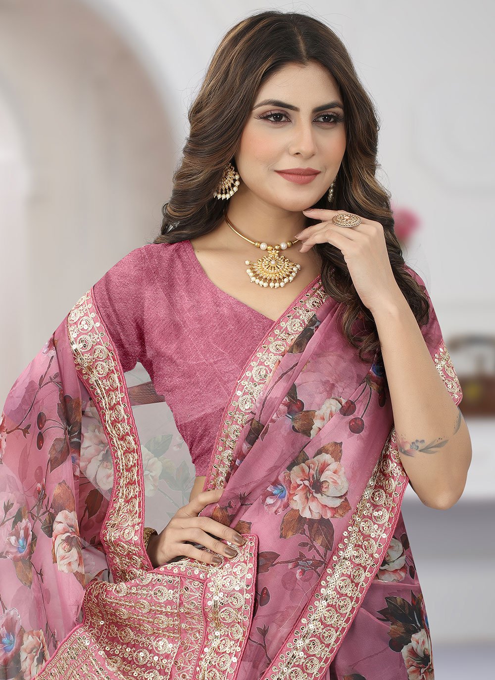 Contemporary Organza Pink Cord Work Saree