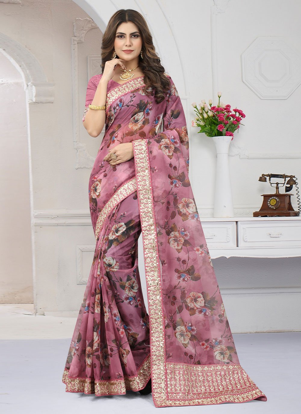 Contemporary Organza Pink Cord Work Saree