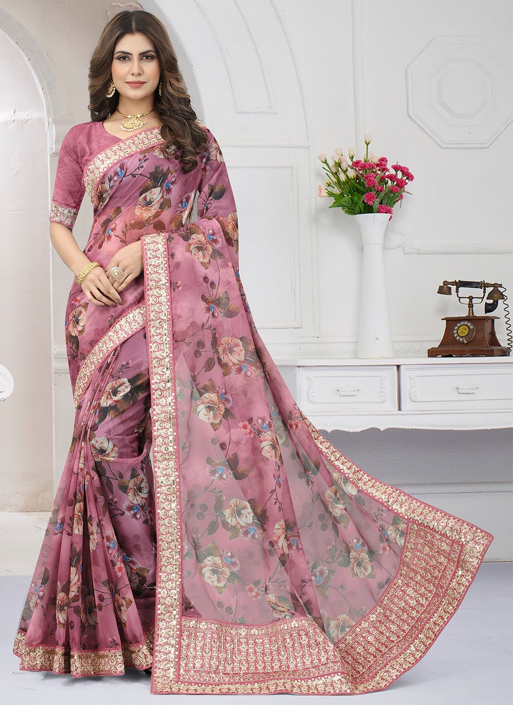 Contemporary Organza Pink Cord Work Saree