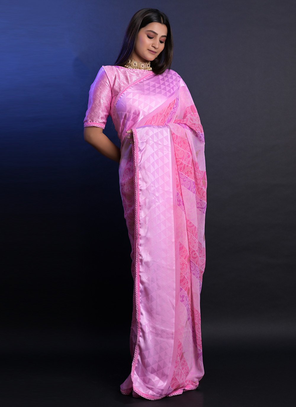 Trendy Saree Georgette Pink Jacquard Work Saree