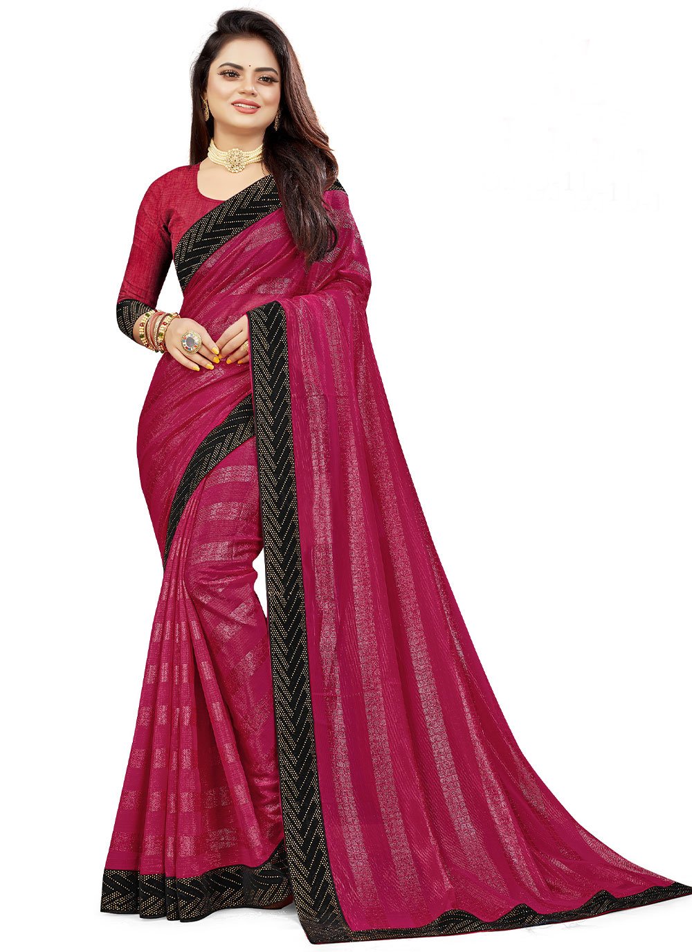 Classic Fancy Fabric Pink Patch Border Saree