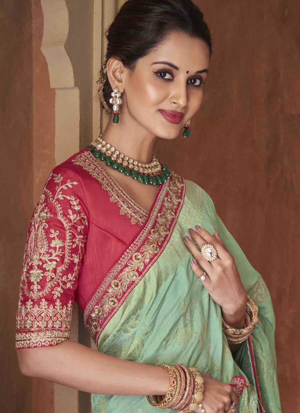 Classic Pure Dola Sea Green Patch Border Saree