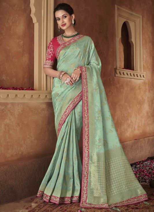 Classic Pure Dola Sea Green Patch Border Saree