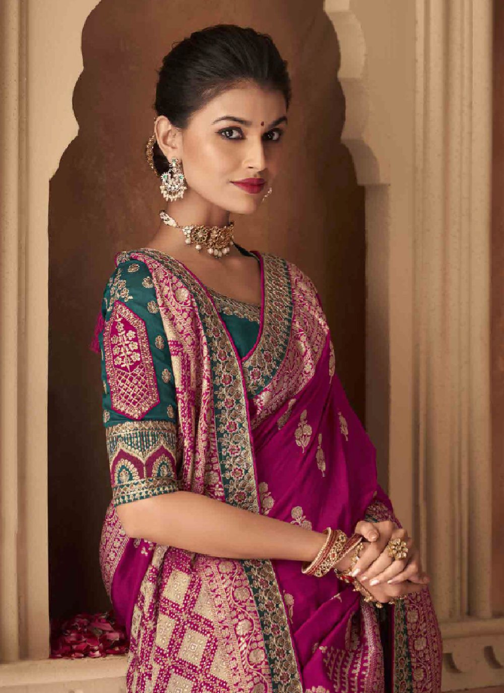 Classic Pure Dola Hot Pink Patch Border Saree