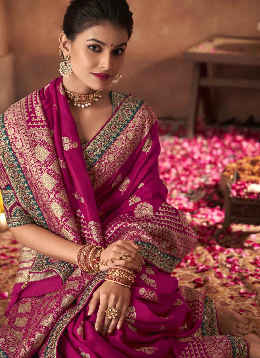 Classic Pure Dola Hot Pink Patch Border Saree