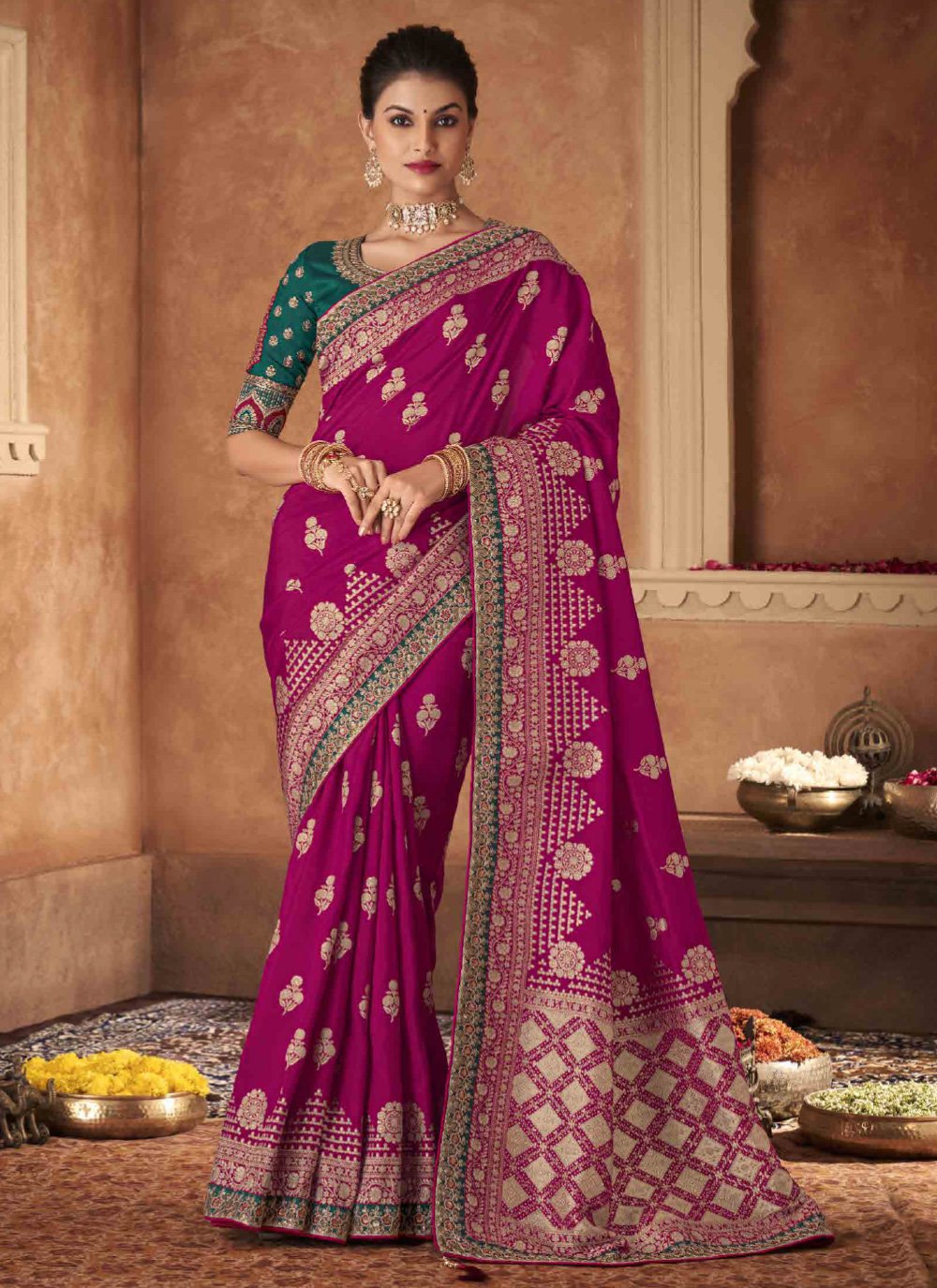 Classic Pure Dola Hot Pink Patch Border Saree