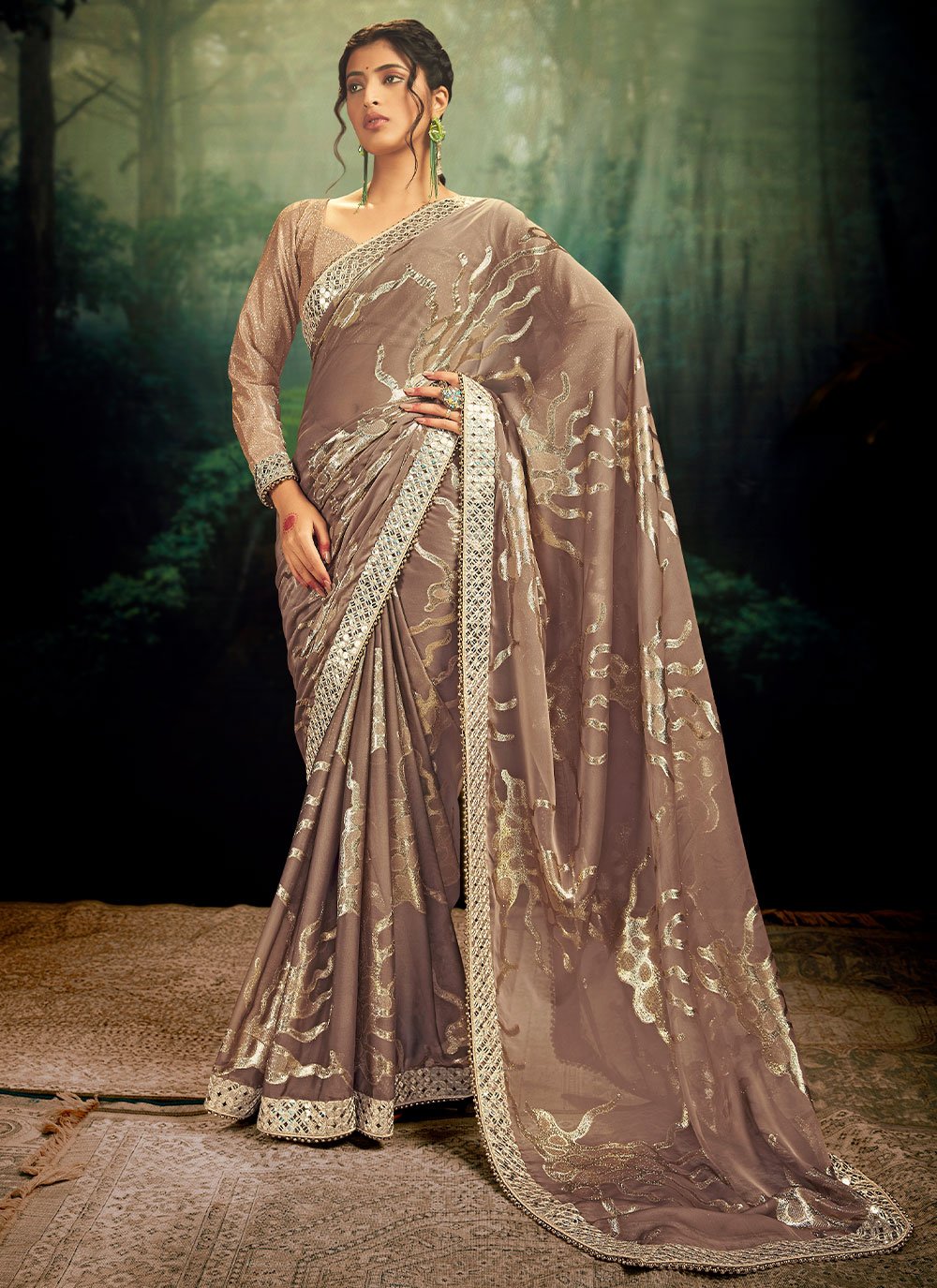 Classic Jacquard Rangoli Brown Fancy Work Saree