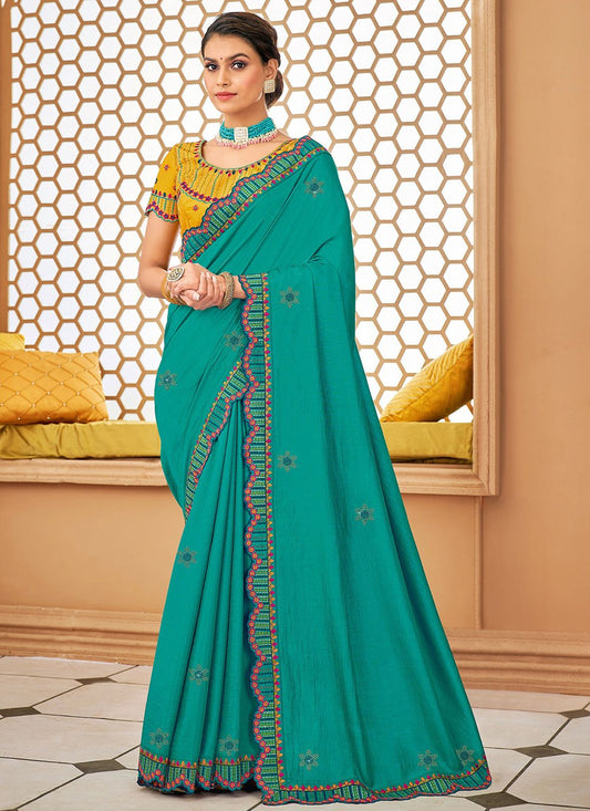 Classic Raw Silk Turquoise Embroidered Saree