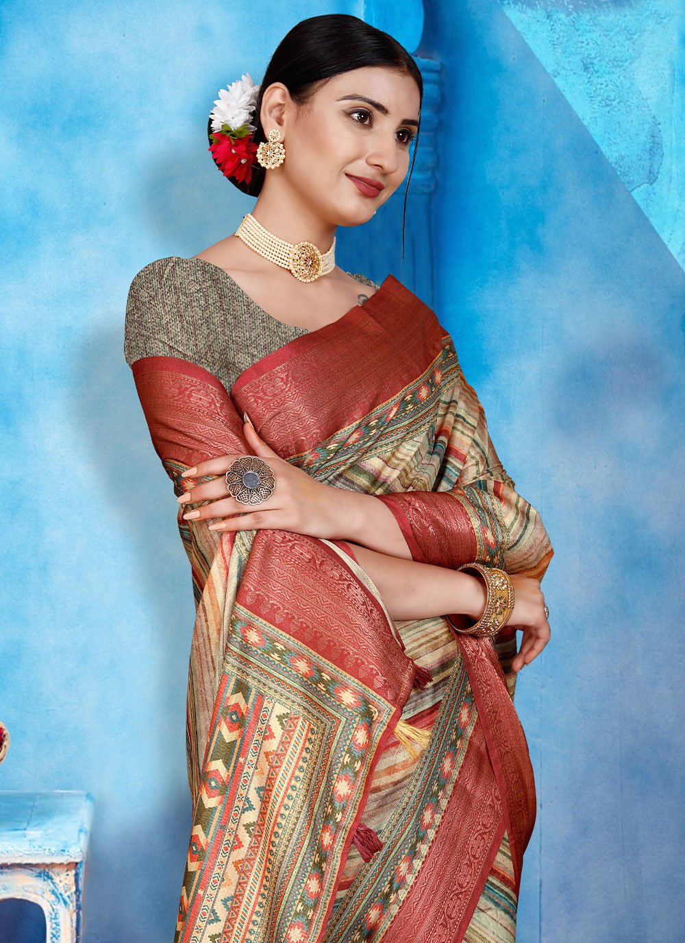 Trendy Saree Tussar Silk Multi Colour Patch Border Saree