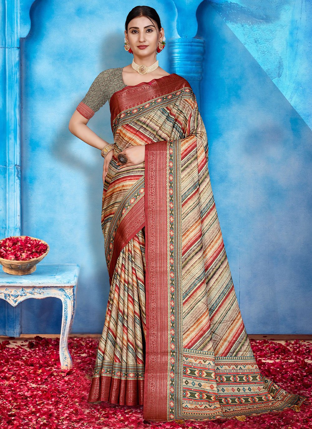 Trendy Saree Tussar Silk Multi Colour Patch Border Saree