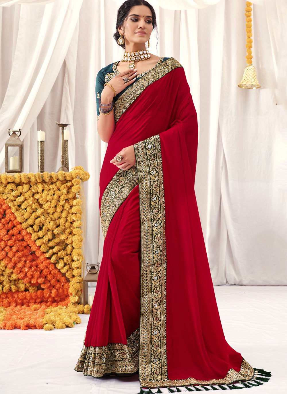 Classic Georgette Red Patch Border Saree