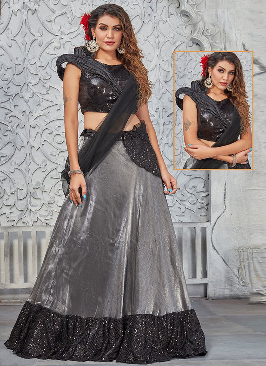 A Line Lehenga Velvet Black Grey Patch Border Lehenga Choli