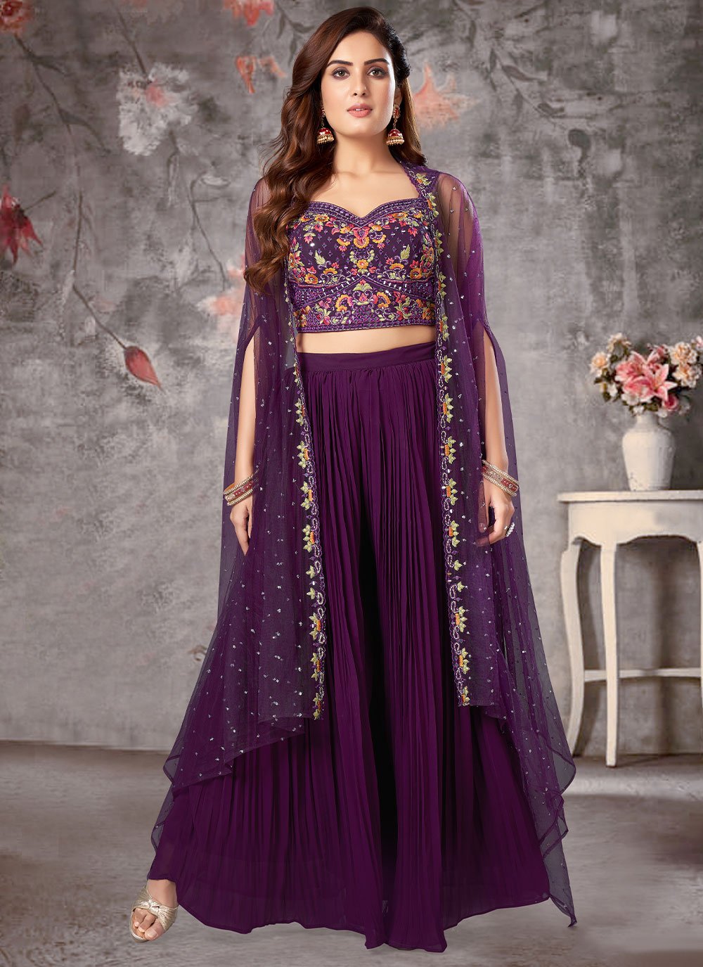 Jacket Style Suit Art Silk Net Purple Embroidered Salwar Kameez