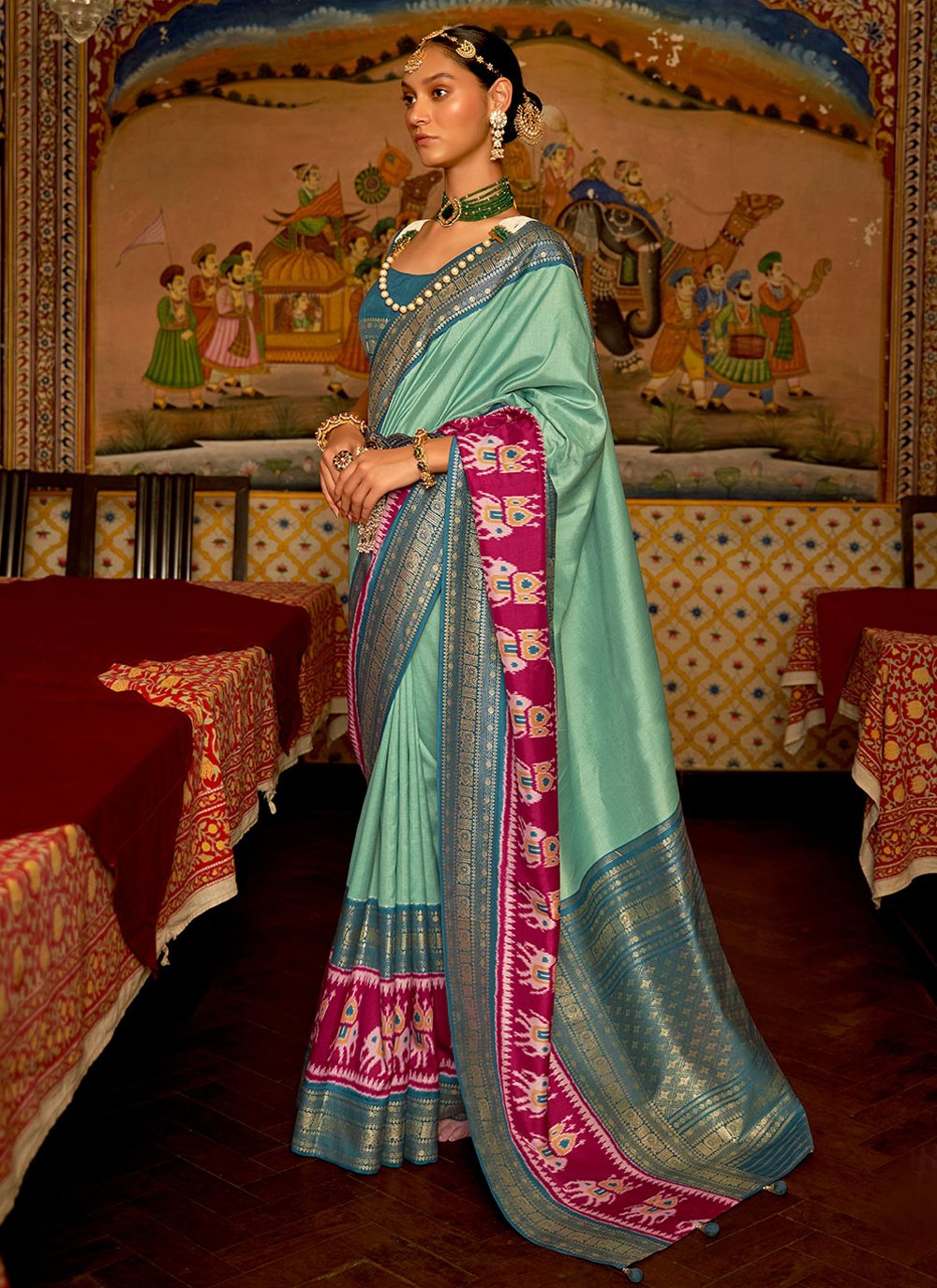 Classic Patola Silk Turquoise Patch Border Saree
