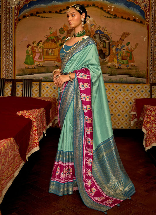 Classic Patola Silk Turquoise Patch Border Saree