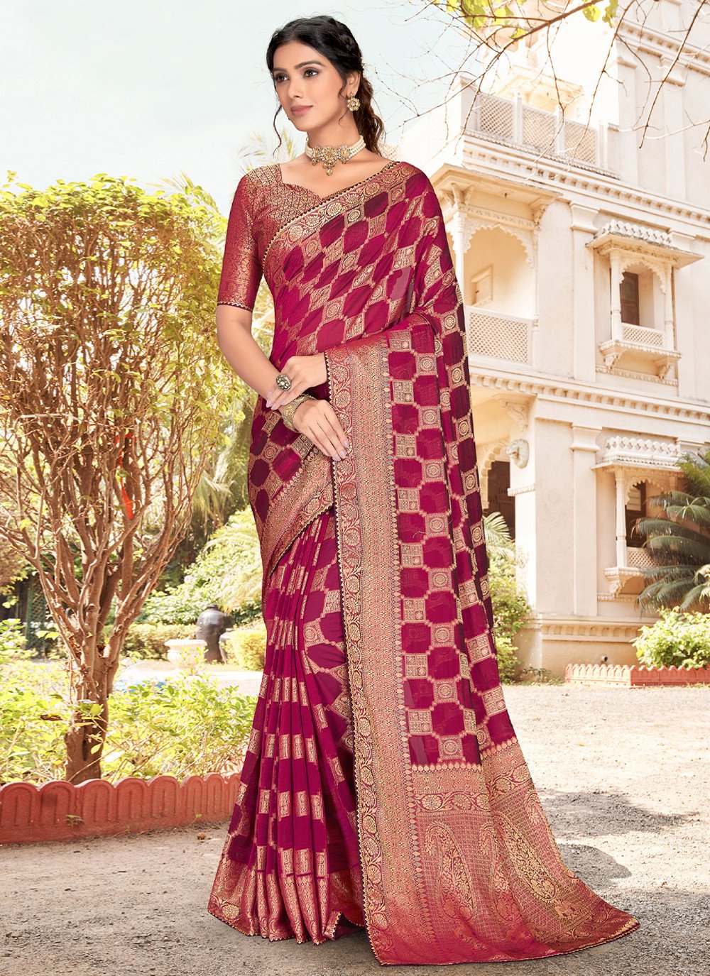 Classic Silk Wine Patch Border Saree