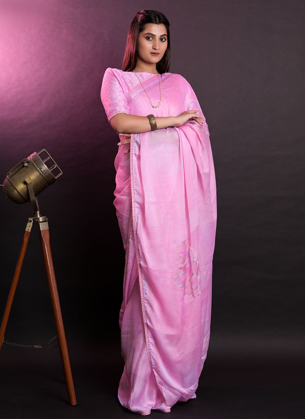 Classic Chiffon Pink Patch Border Saree