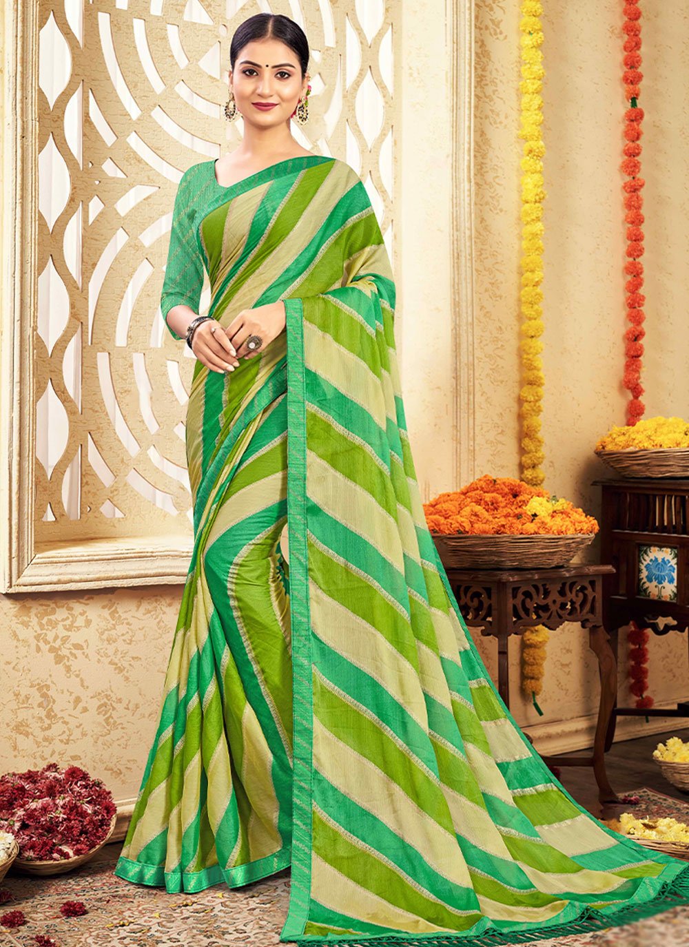 Classic Chiffon Sea Green Patch Border Saree