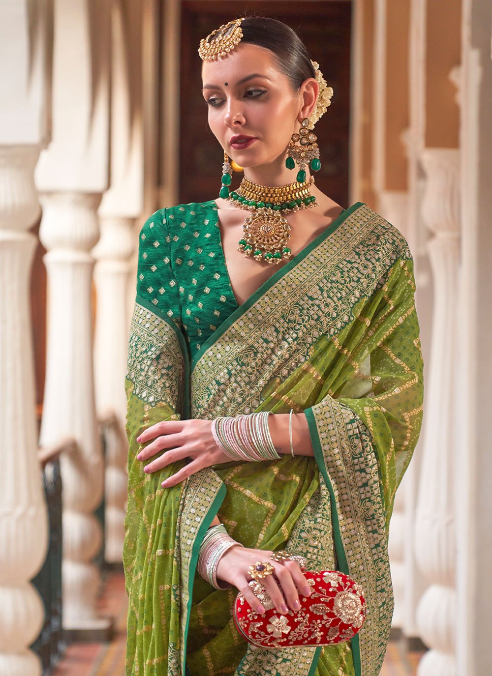 Contemporary Georgette Sea Green Patch Border Saree