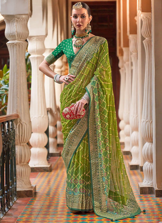 Contemporary Georgette Sea Green Patch Border Saree