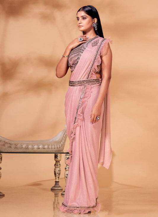 Classic Organza Shimmer Peach Patch Border Saree