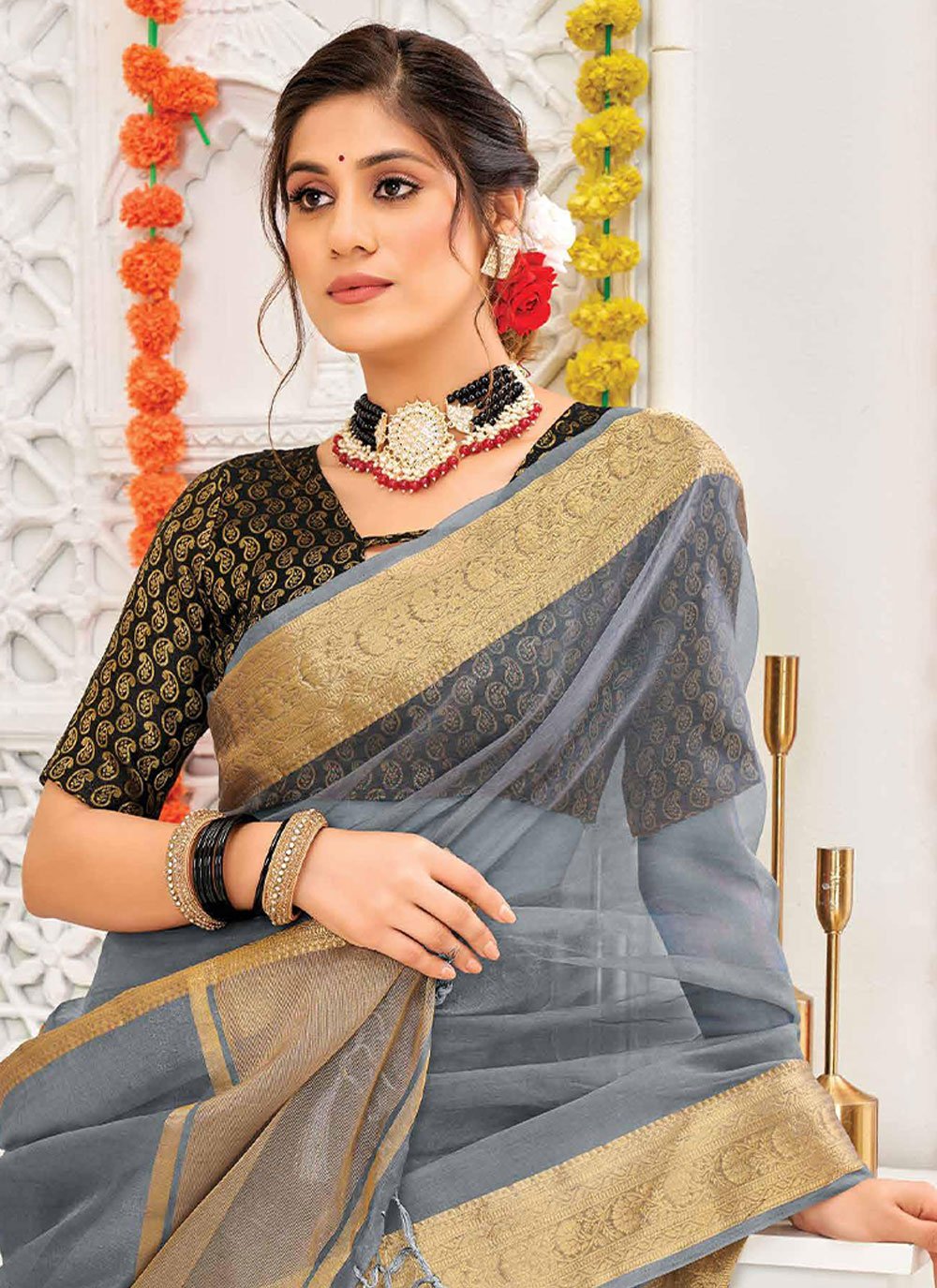 Classic Organza Silk Grey Patch Border Saree