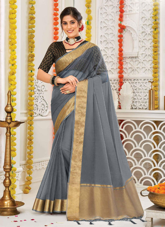 Classic Organza Silk Grey Patch Border Saree