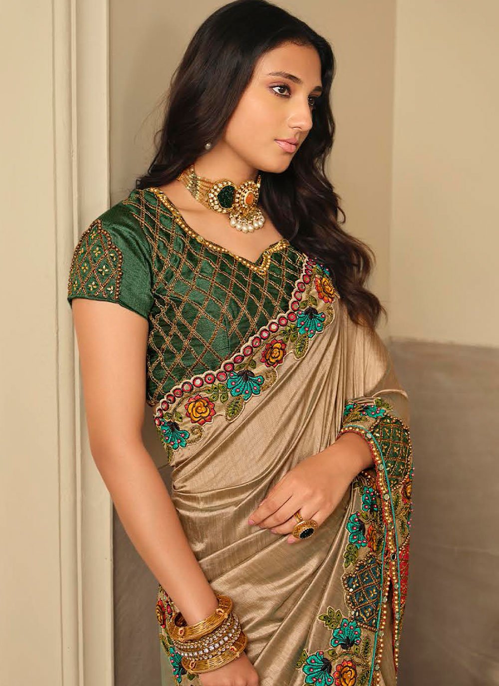 Classic Silk Beige Embroidered Saree