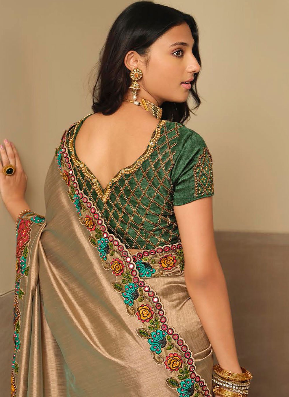 Classic Silk Beige Embroidered Saree