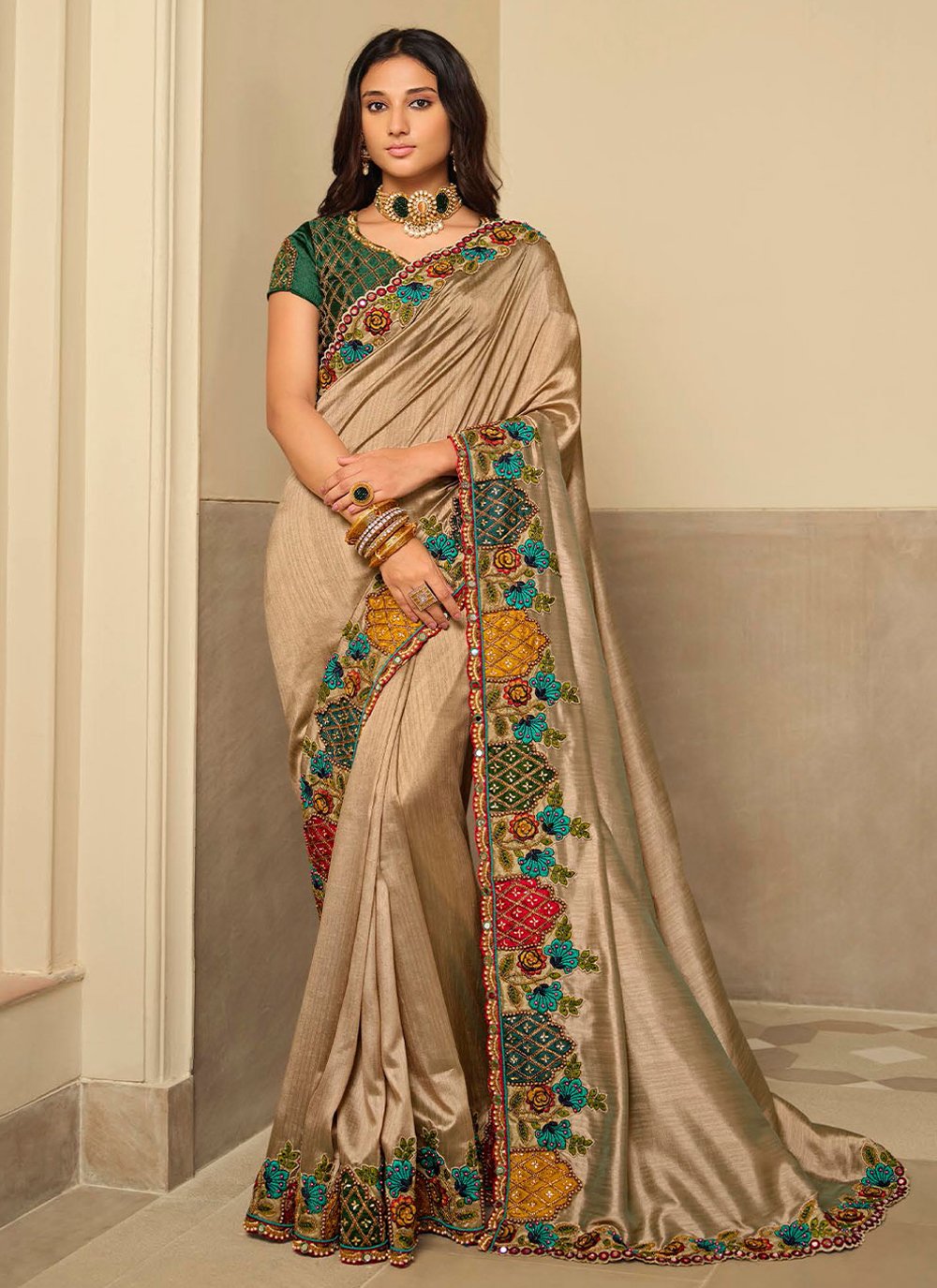 Classic Silk Beige Embroidered Saree