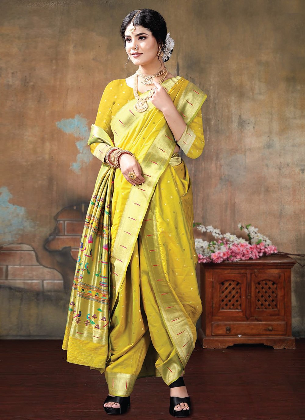 Traditional Saree Silk Yellow Patch Border Saree